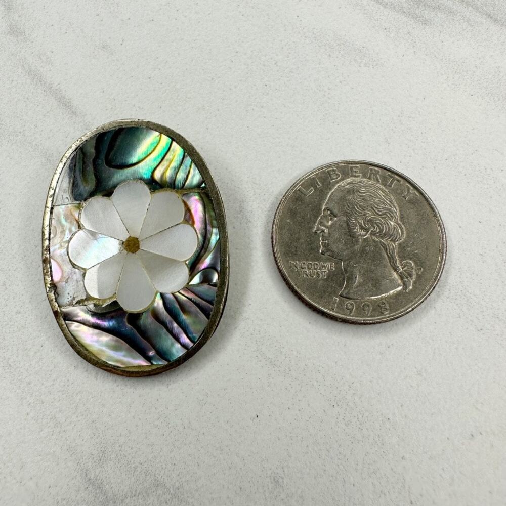 Vintage Alpaca Mexico Silver Abalone Mother of Pearl Flower Oval Brooch Pin ✨ - Picture 2 of 8
